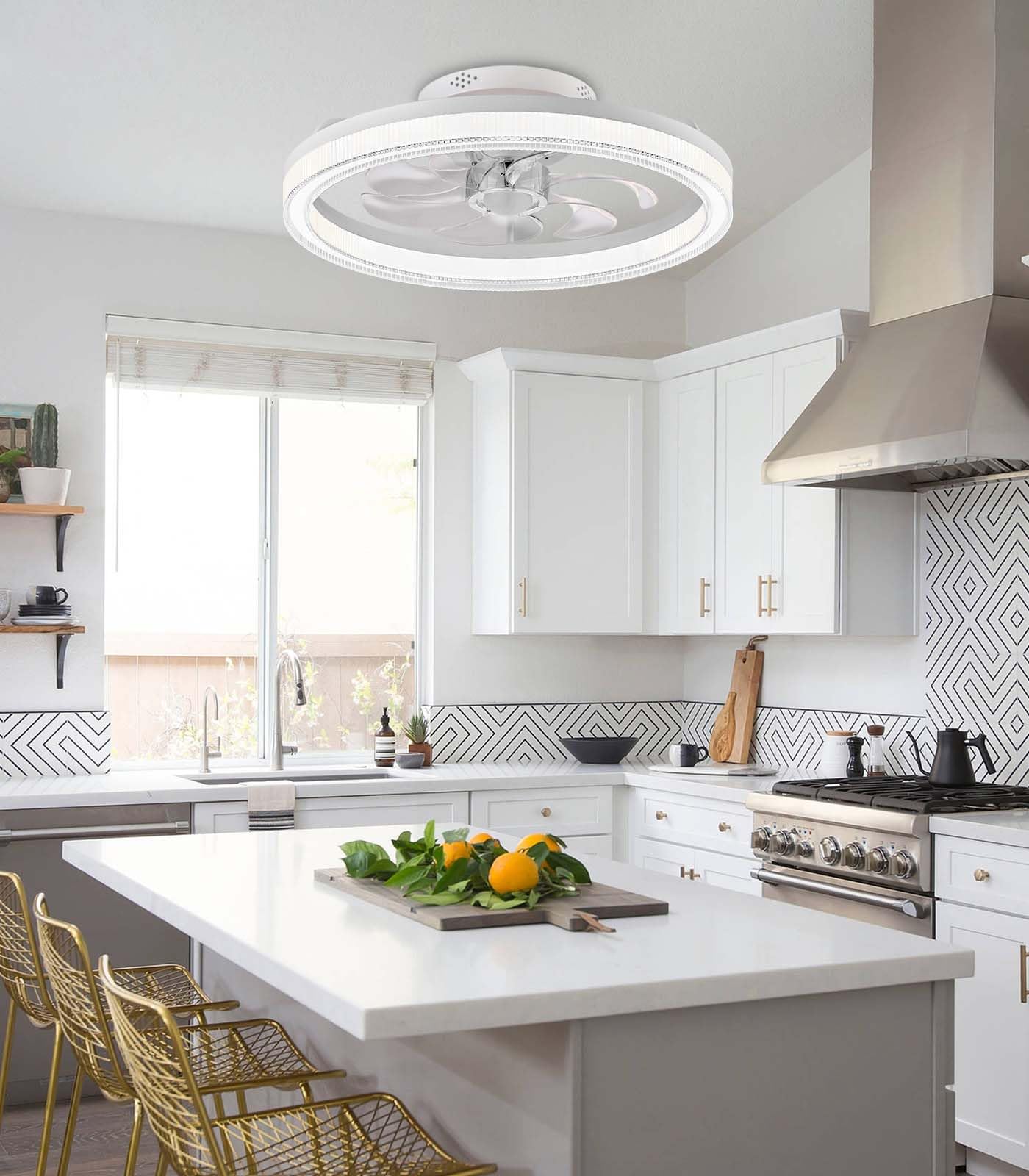 Modern 20 Inch Smart Indoor White Low Profile Flush Mount Fandelier Ceiling Fan with LED Light with Remote Included