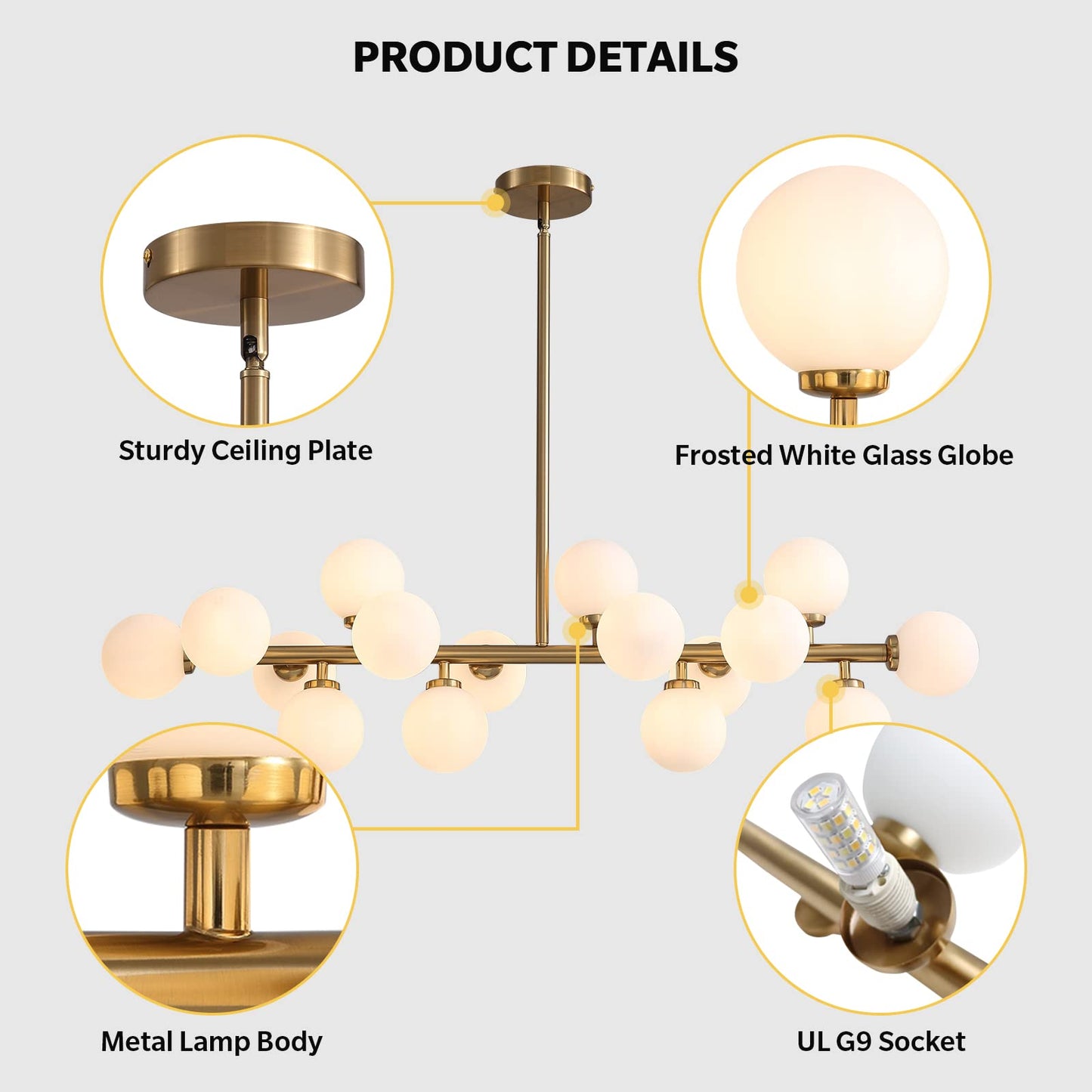 Linear Chandelier Gold Hanging Pendant Light Fixture with Globe Glass Shade Modern for Dining Room Living Room Kitchen Island Over Table 16-Light