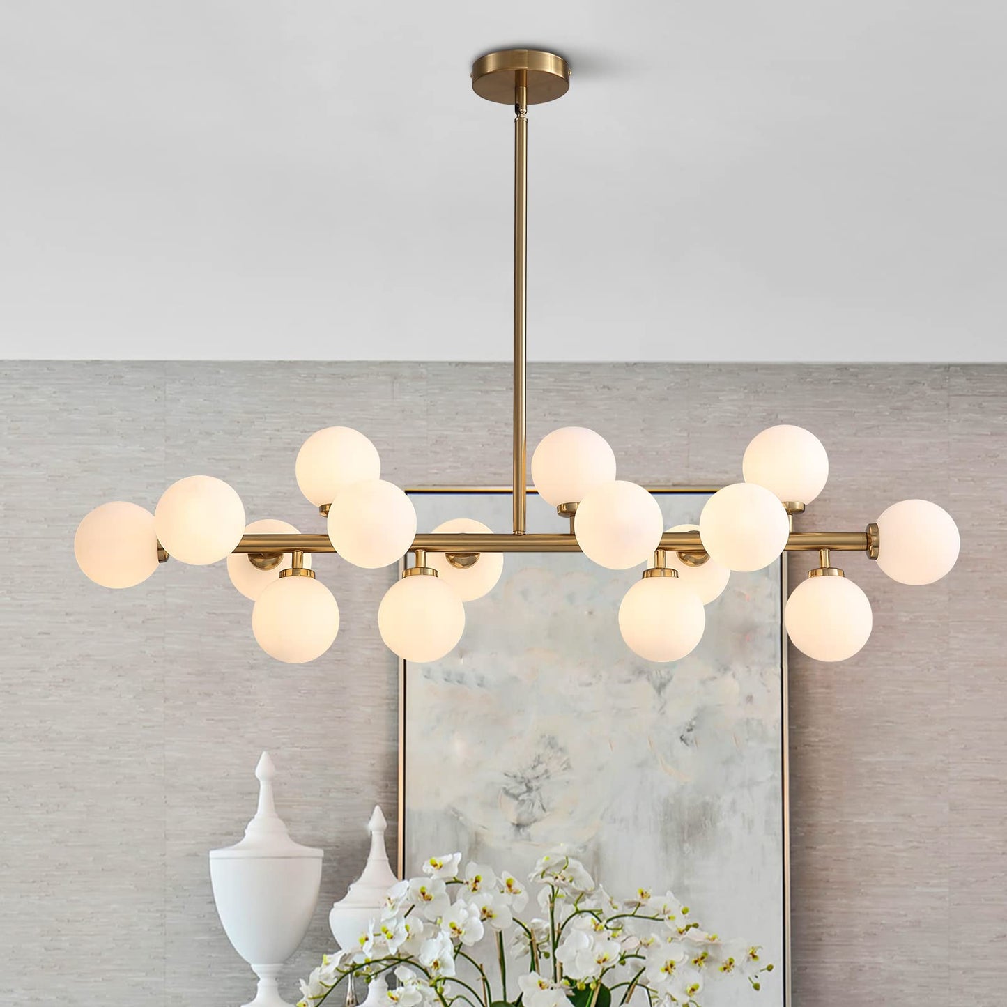 Linear Chandelier Gold Hanging Pendant Light Fixture with Globe Glass Shade Modern for Dining Room Living Room Kitchen Island Over Table 16-Light