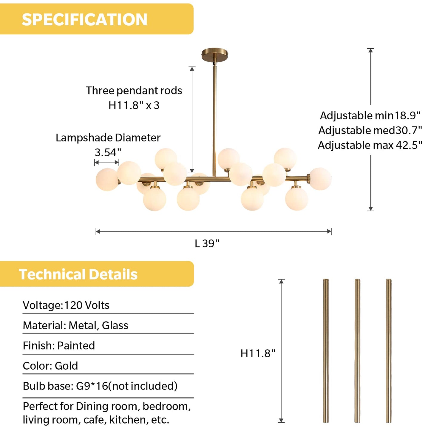 Linear Chandelier Gold Hanging Pendant Light Fixture with Globe Glass Shade Modern for Dining Room Living Room Kitchen Island Over Table 16-Light