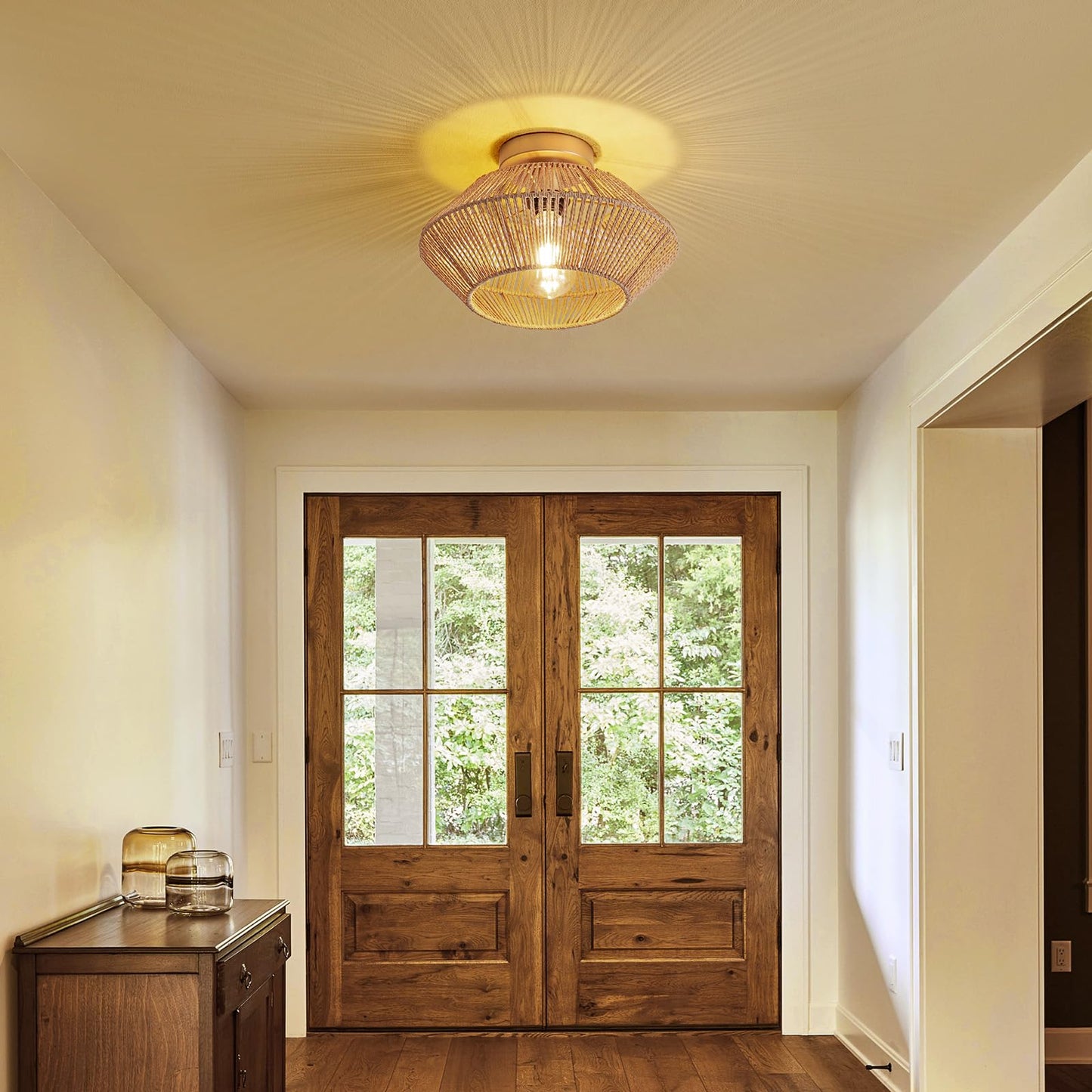 Boho Series 12.6 Inch 1-Light Gold Flush Mount with Hand-Woven Rattan Shade and No Bulbs Included 1-Pack