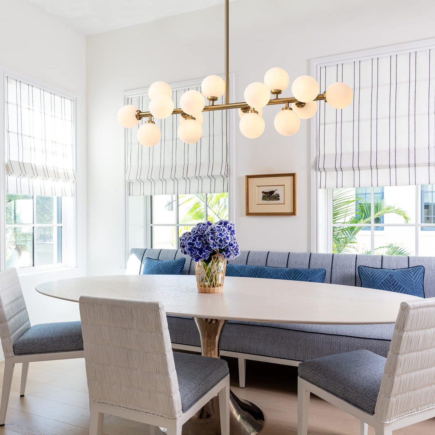 Linear Chandelier Gold Hanging Pendant Light Fixture with Globe Glass Shade Modern for Dining Room Living Room Kitchen Island Over Table 16-Light