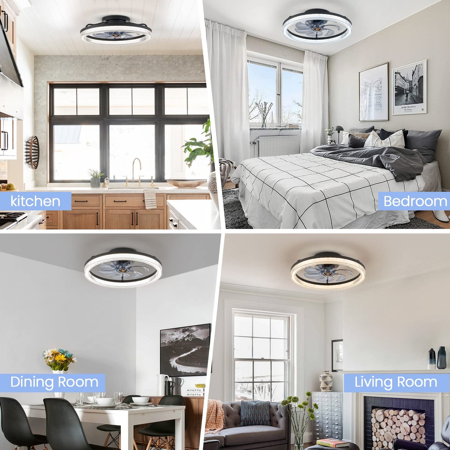 Modern 20 Inch Smart Indoor Black Low Profile Flush Mount Fandelier Ceiling Fan with LED Light with Remote Included