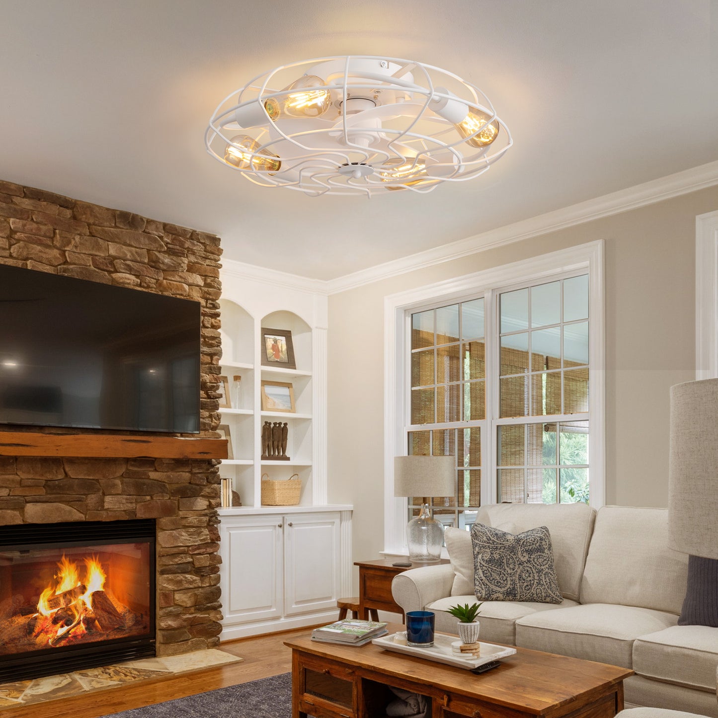 21 Inch Small Low Profile Caged Ceiling Fan with Light and Remote