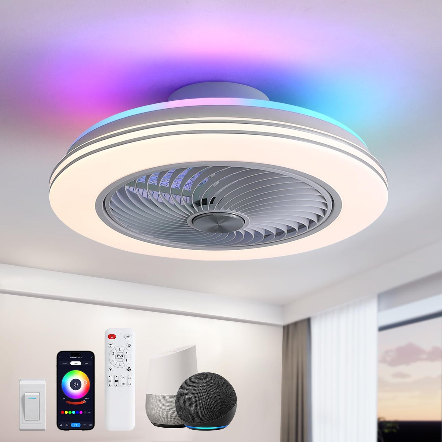 20 in. Smart Indoor White Low Profile Ceiling Fan with RGB Lights with Remote Included