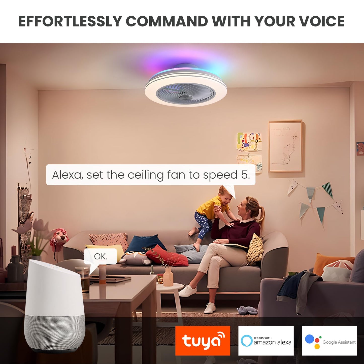 20 in. Smart Indoor White Low Profile Ceiling Fan with RGB Lights with Remote Included