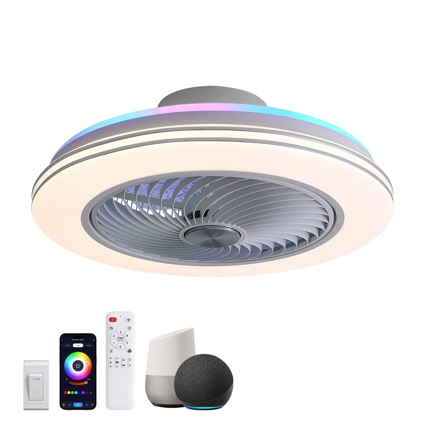 20 in. Smart Indoor White Low Profile Ceiling Fan with RGB Lights with Remote Included