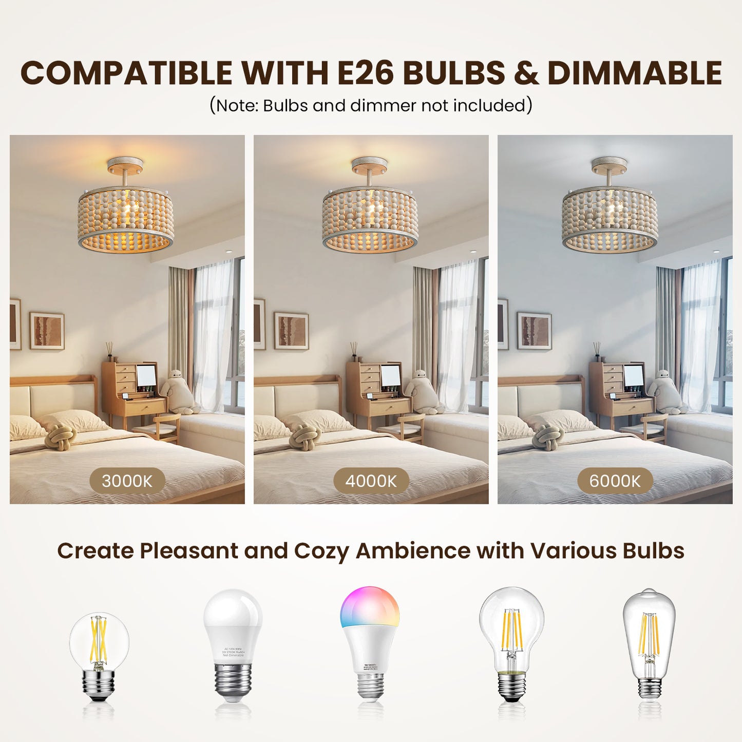 12.6 in. 2 Lights Wood Beaded Chandelier, Boho White Semi-Flush Mount Ceiling Lights