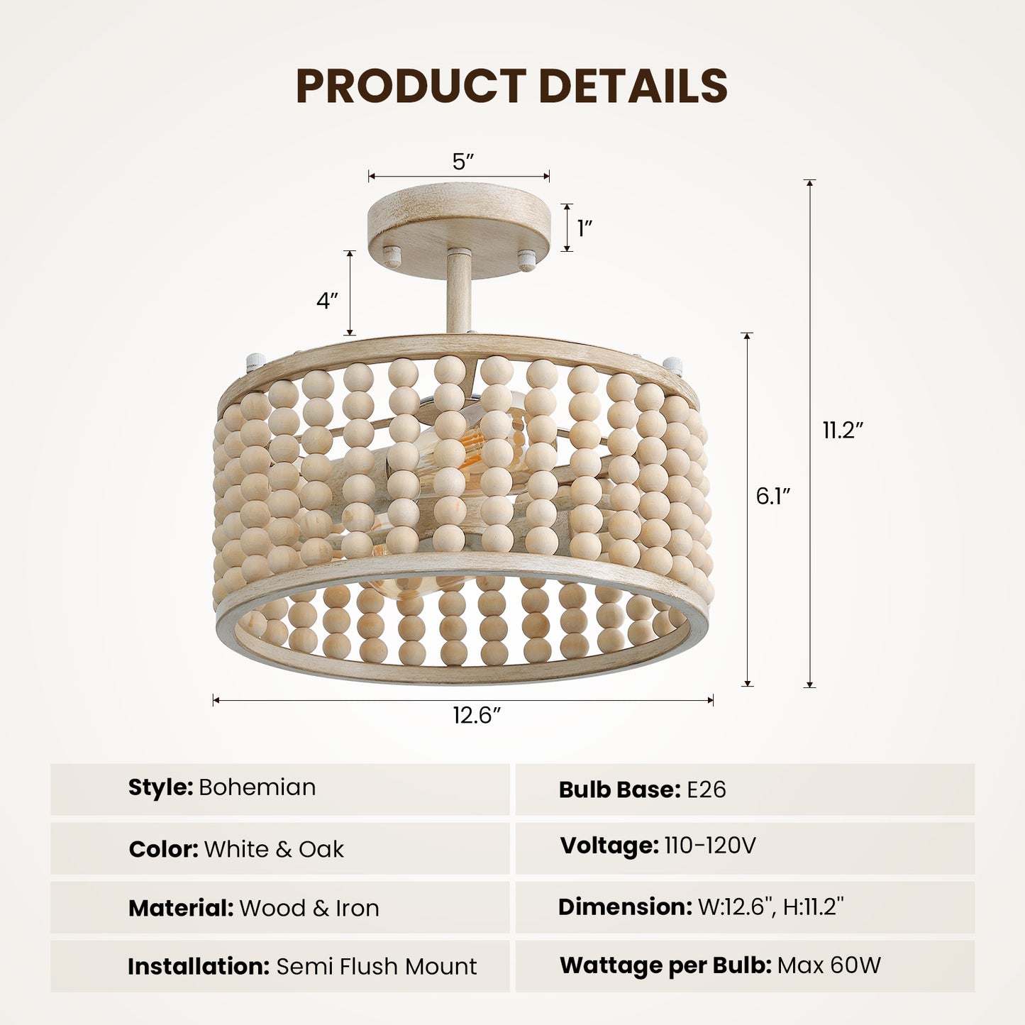 12.6 in. 2 Lights Wood Beaded Chandelier, Boho White Semi-Flush Mount Ceiling Lights
