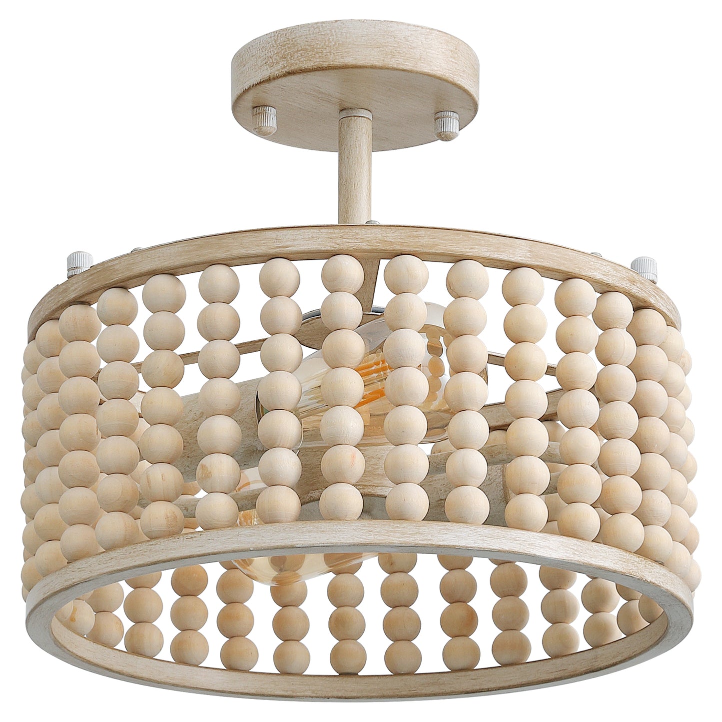 12.6 in. 2 Lights Wood Beaded Chandelier, Boho White Semi-Flush Mount Ceiling Lights