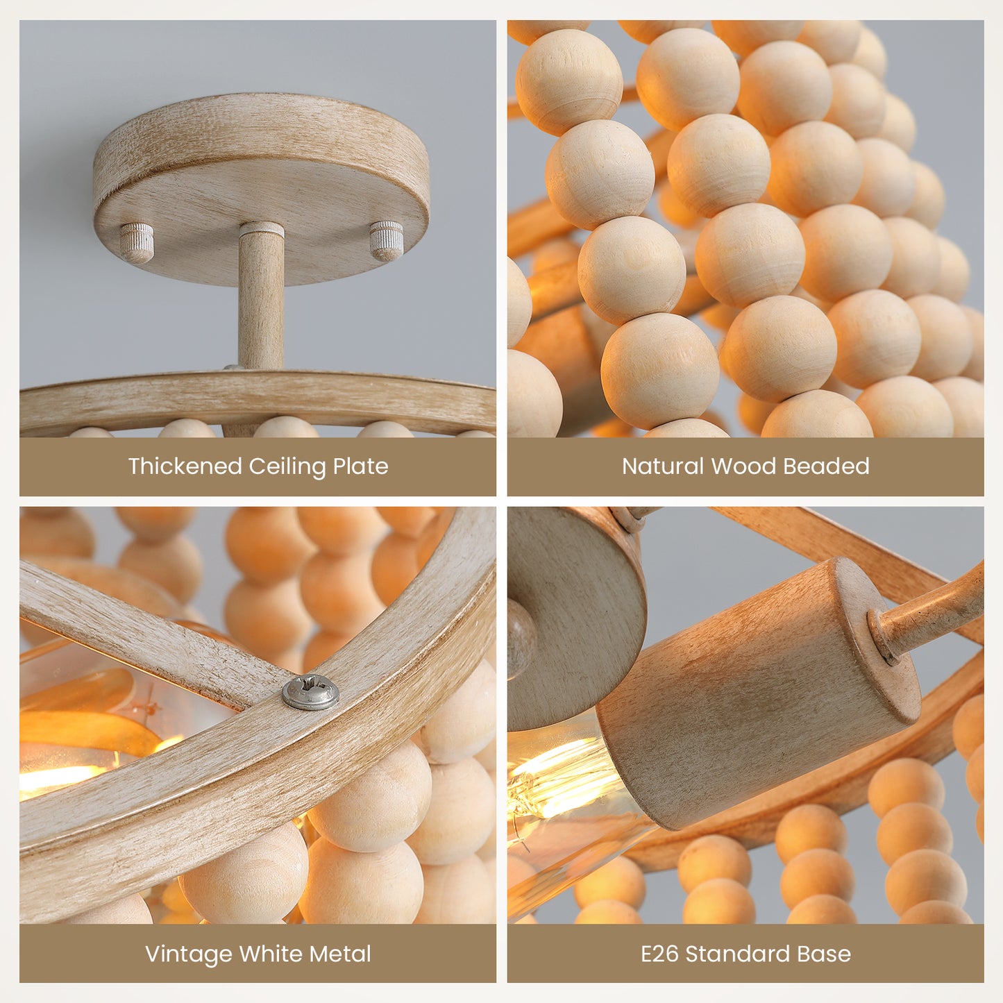 12.6 in. 2 Lights Wood Beaded Chandelier, Boho White Semi-Flush Mount Ceiling Lights
