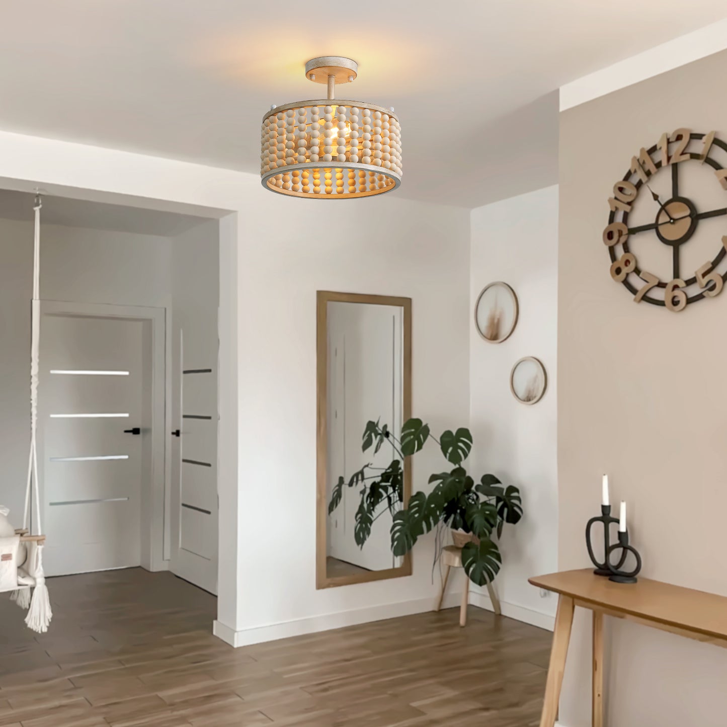12.6 in. 2 Lights Wood Beaded Chandelier, Boho White Semi-Flush Mount Ceiling Lights