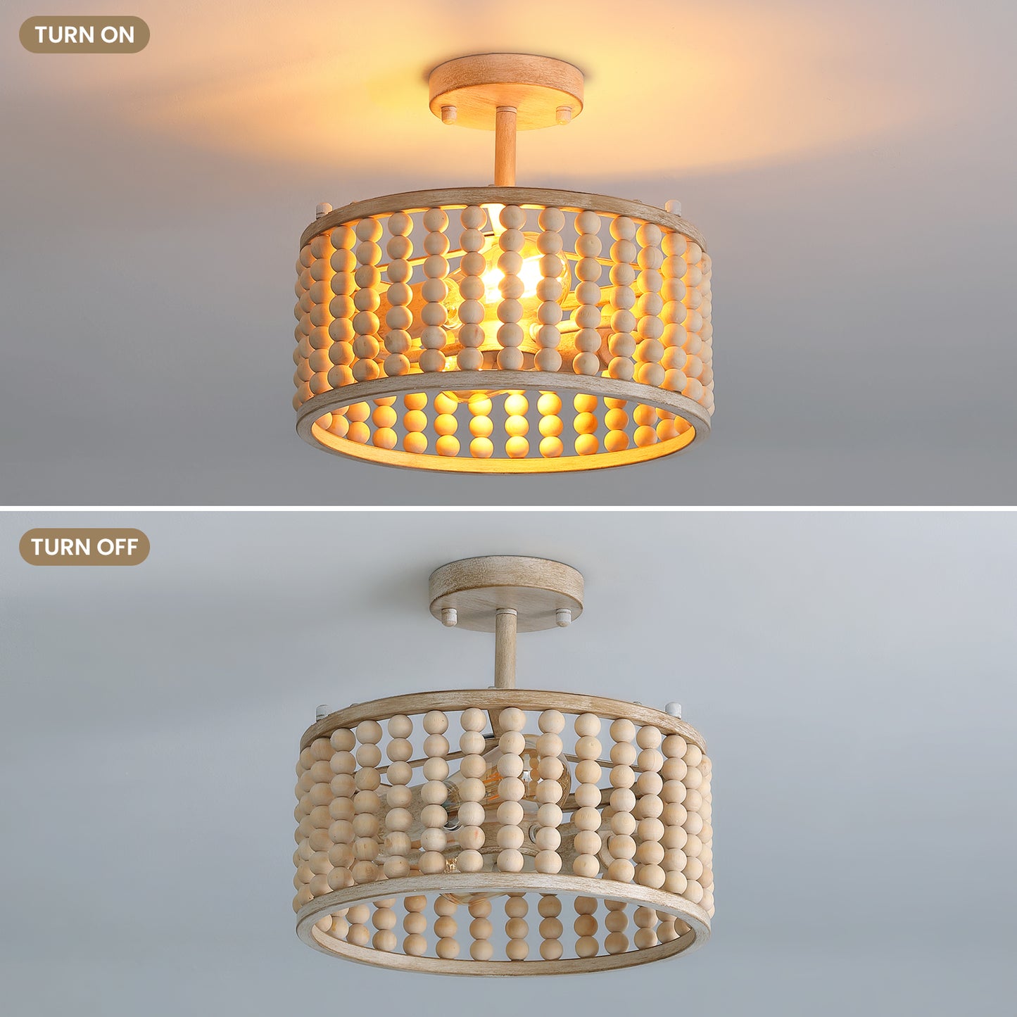 12.6 in. 2 Lights Wood Beaded Chandelier, Boho White Semi-Flush Mount Ceiling Lights