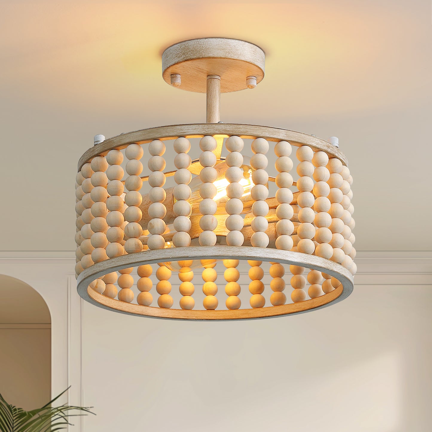 12.6 in. 2 Lights Wood Beaded Chandelier, Boho White Semi-Flush Mount Ceiling Lights