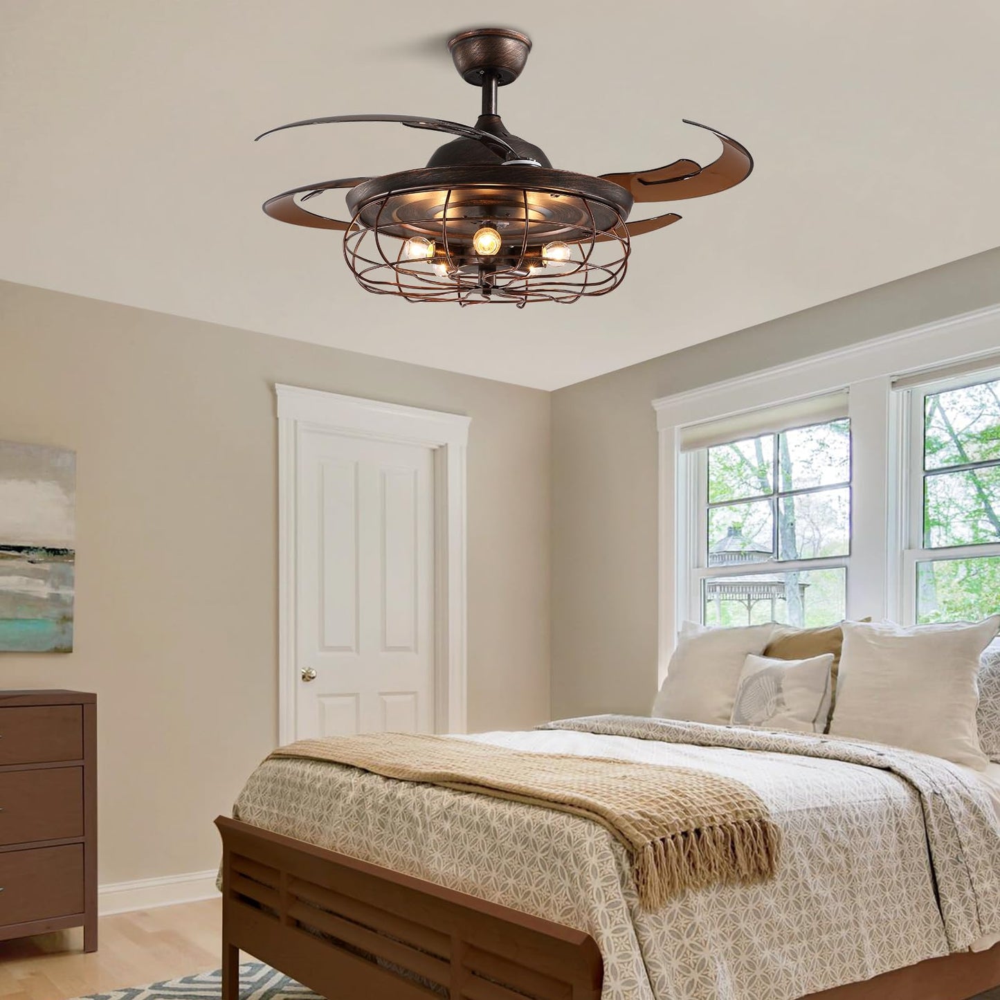 48 Inche Industrial Ceiling Fan with Lights, Vintage Cage Ceiling Fan with Remote Control