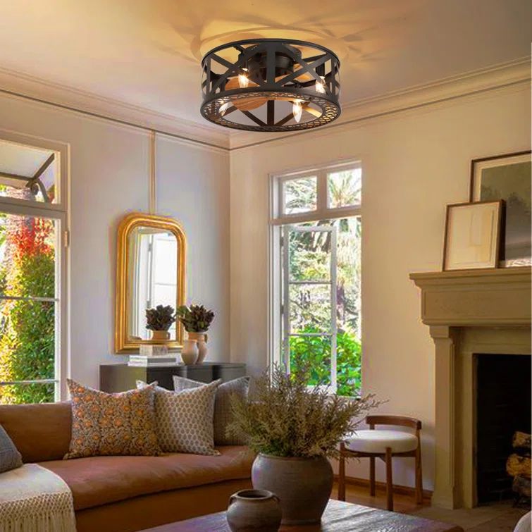 17.8 in. Indoor Black Low Profile Caged Ceiling Fan with Remote Included with No Bulbs