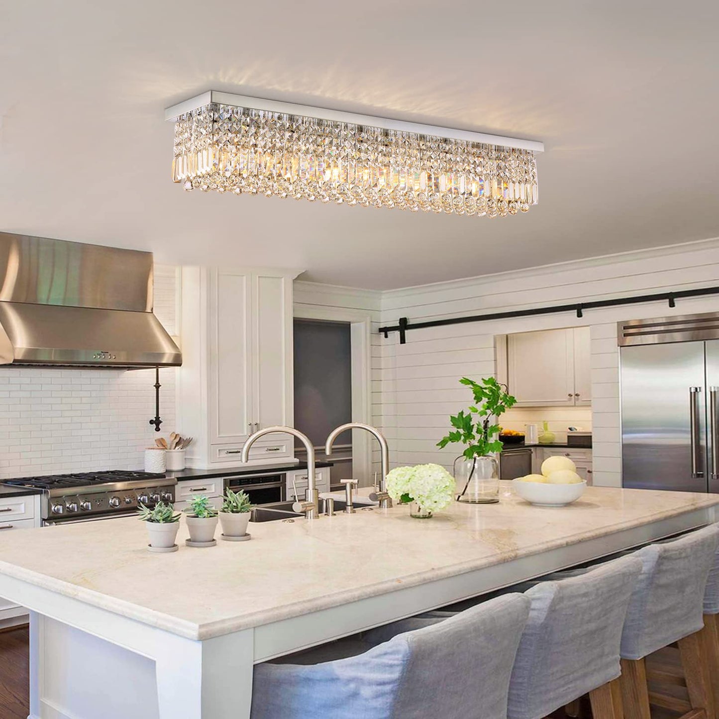 40 Inch Rectangle Crystal Raindrop Chandelier with K9 Crystal, 8-Lights Flush Mount Ceiling Lights Fixture