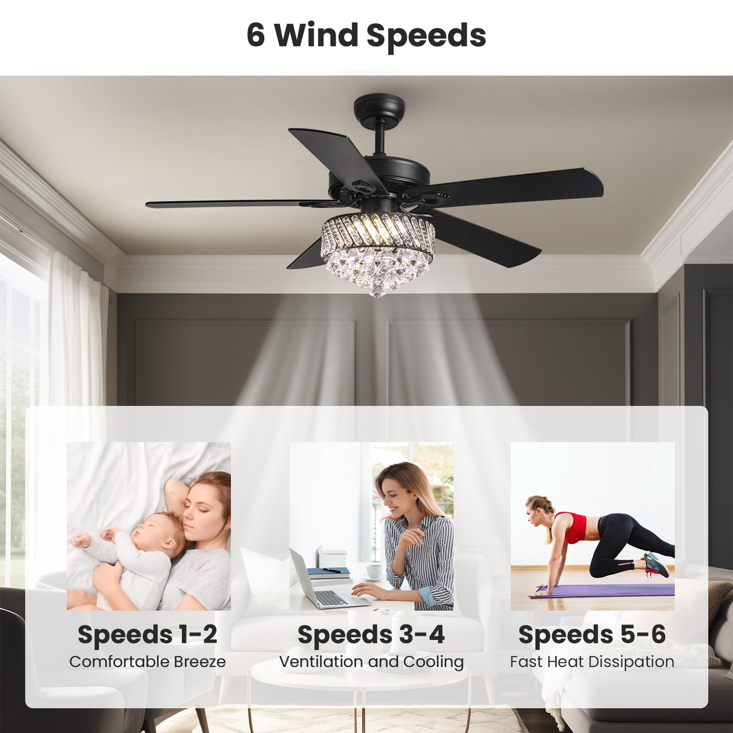 52 in. Smart Indoor Black Dimmable Chandelier Ceiling Fan with Remote Included