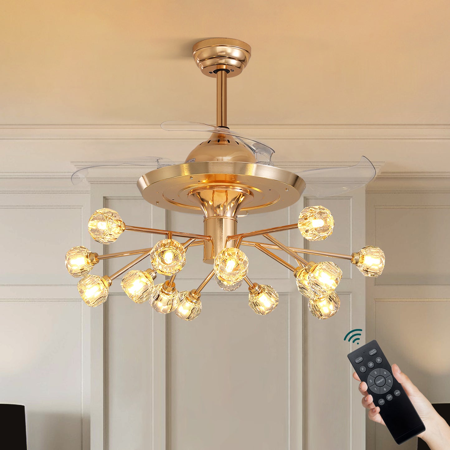38 in. Gold Crystal Chandelier Retractable Ceiling Fan with Remote Included