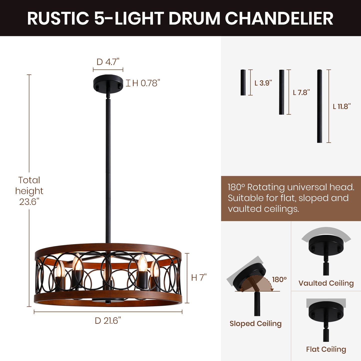 21.6 in. 5 Lights Farmhouse Chandelier Round Pendant Light Fixture
