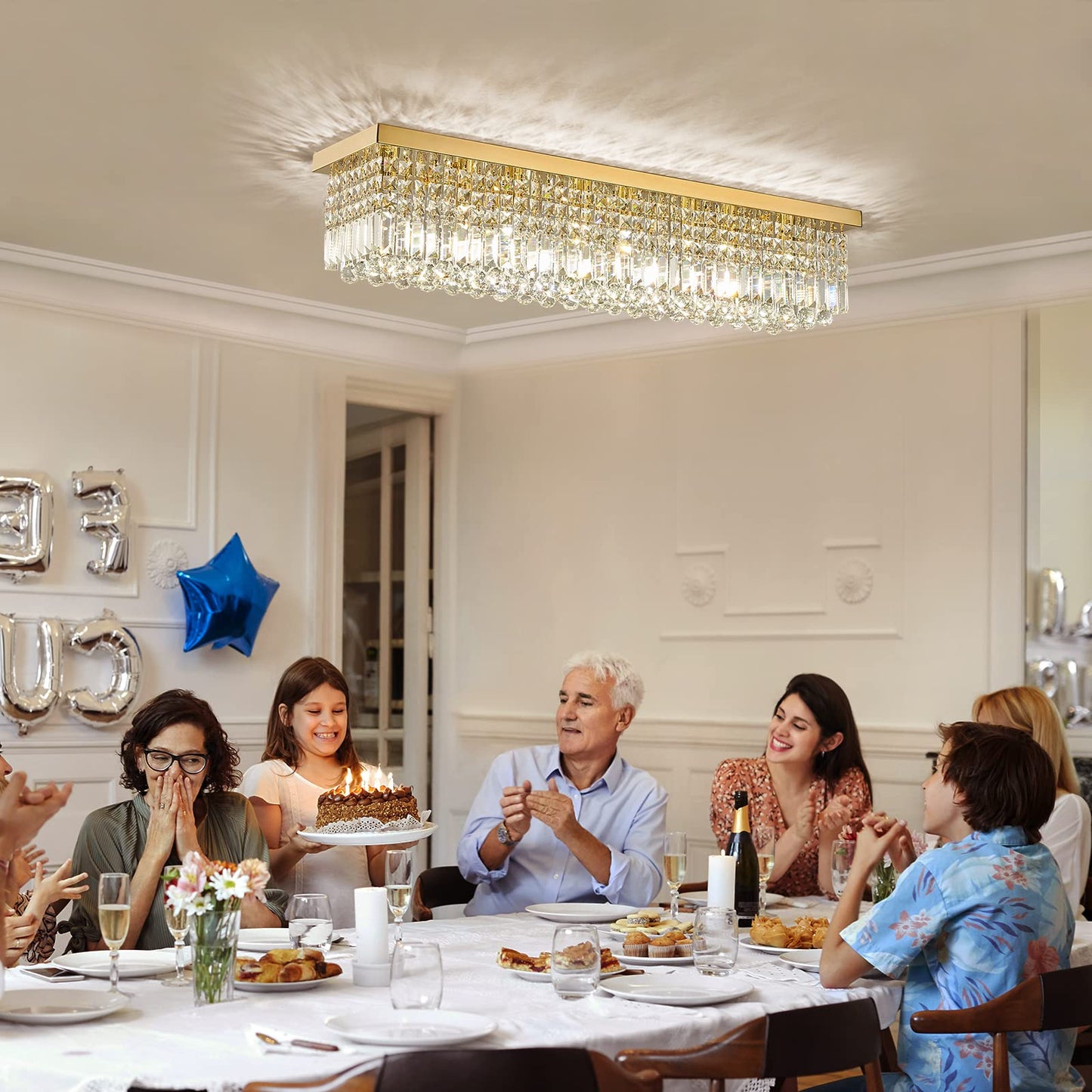 Modern 32 Inch Crystal Chandelier 6-Lights Rectangle Flush Mount Pendant Ceiling Light