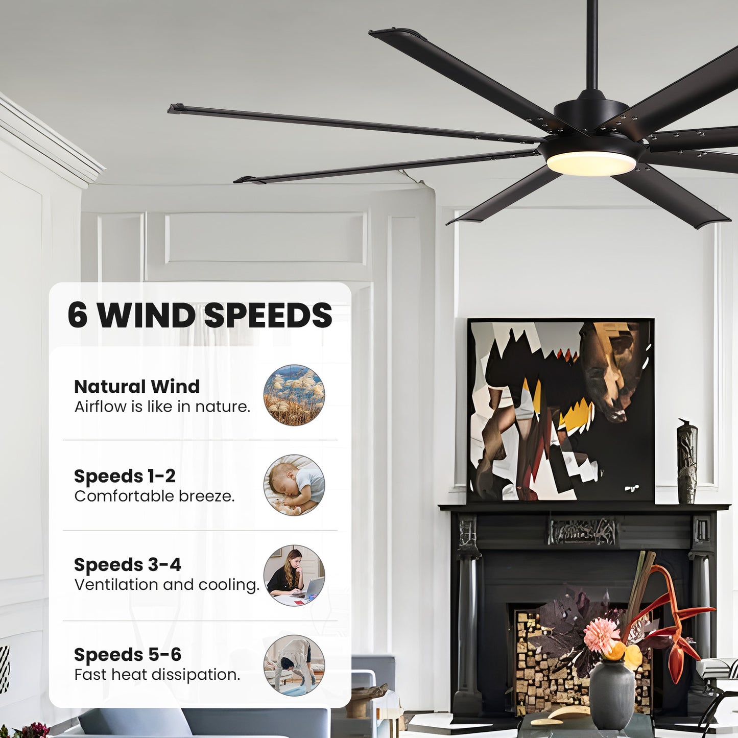 72 in. Large Black Ceiling Fan with Lights and Remote