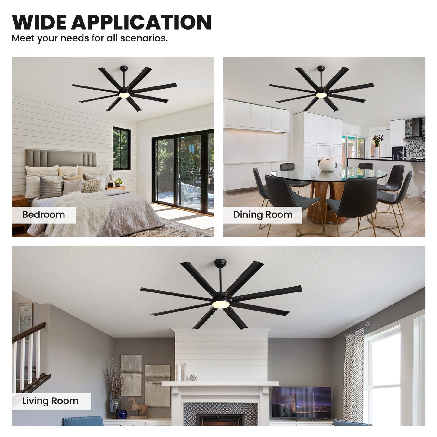72 in. Large Black Ceiling Fan with Lights and Remote