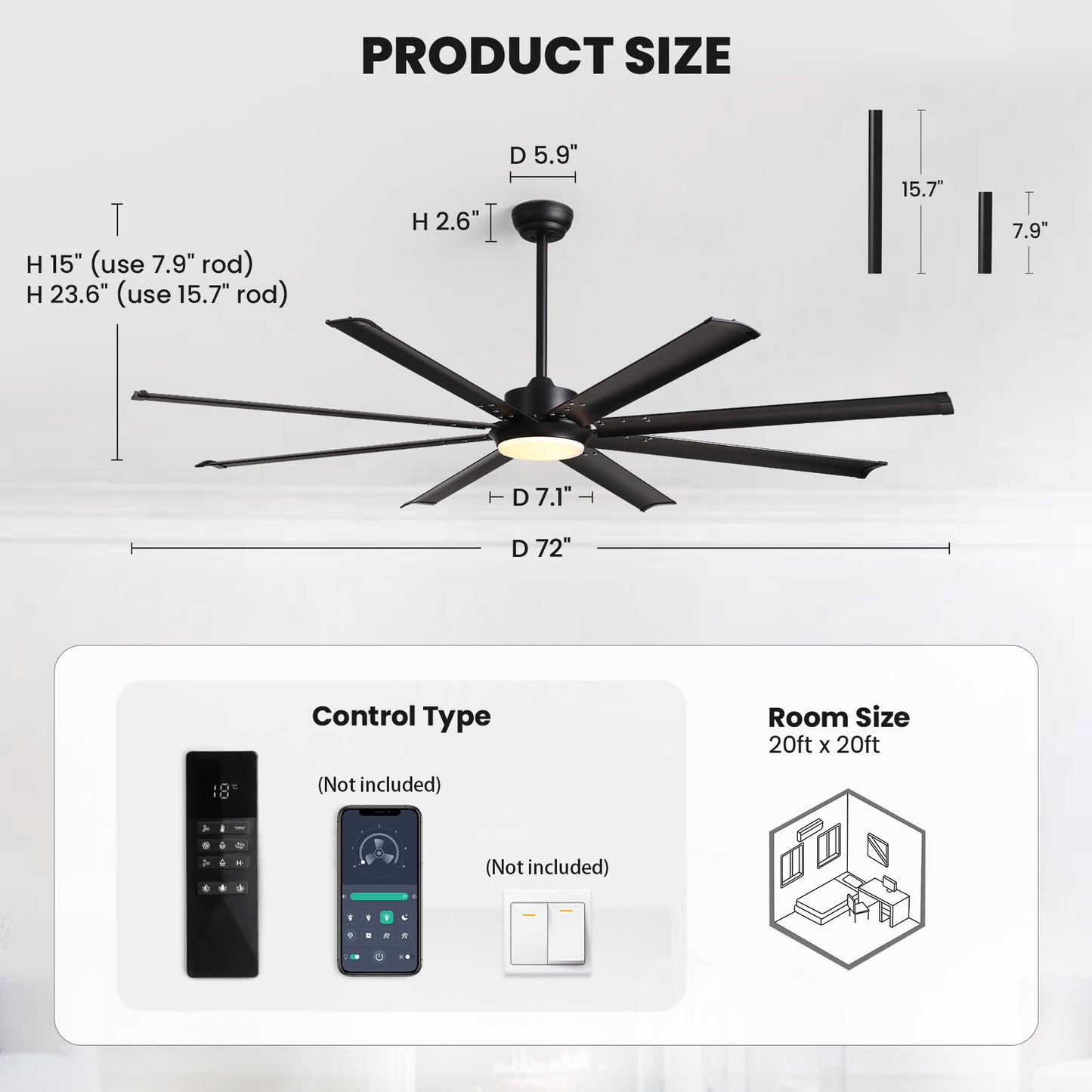 72 in. Large Black Ceiling Fan with Lights and Remote