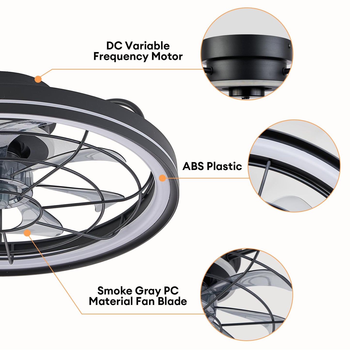 Modern 19 Inch Smart Indoor Black Low Profile Caged Ceiling Fan with LED Light with Remote Included