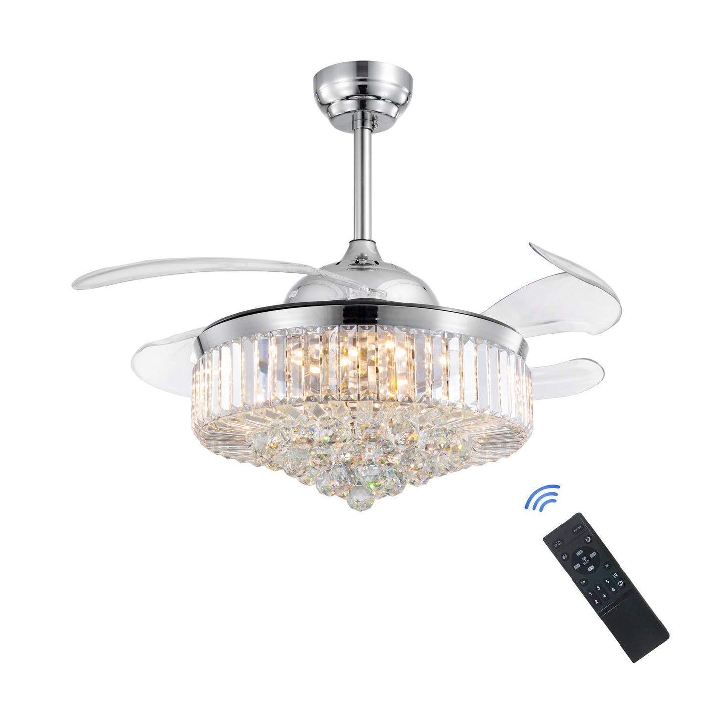 42 Inch Indoor Chrome Smart Retractable Crystal Ceiling Fan with Dimmable LED Light Included with Remote & App Control