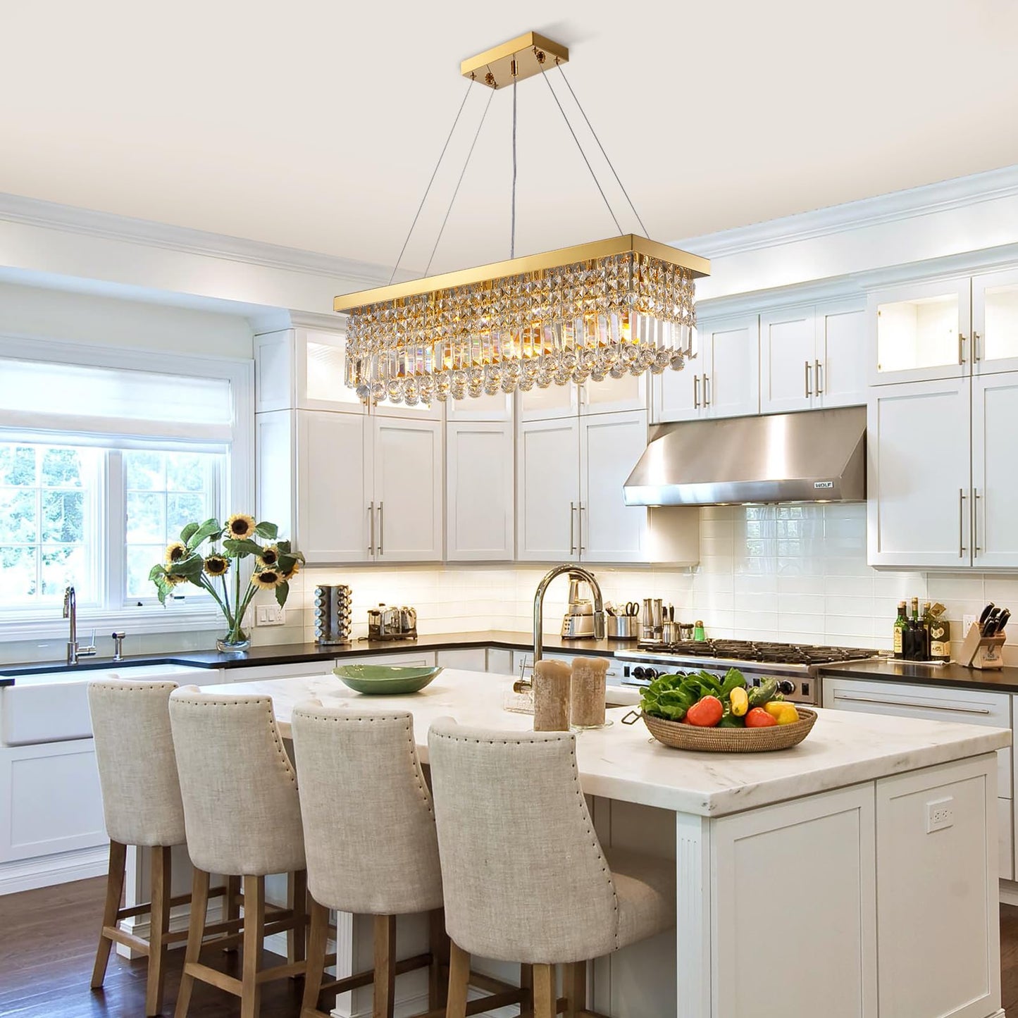 Modern 6-Light Gold Rectangular Crystal Chandelier for Dining Room