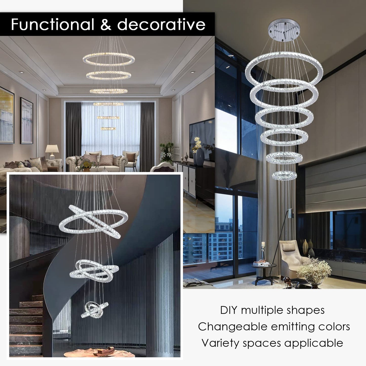 Modern Indoor Adjustable 6 Rings LED Crystal Chandeliers