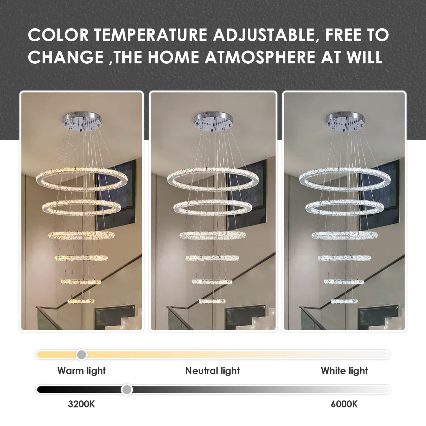 Modern Indoor Adjustable 6 Rings LED Crystal Chandeliers