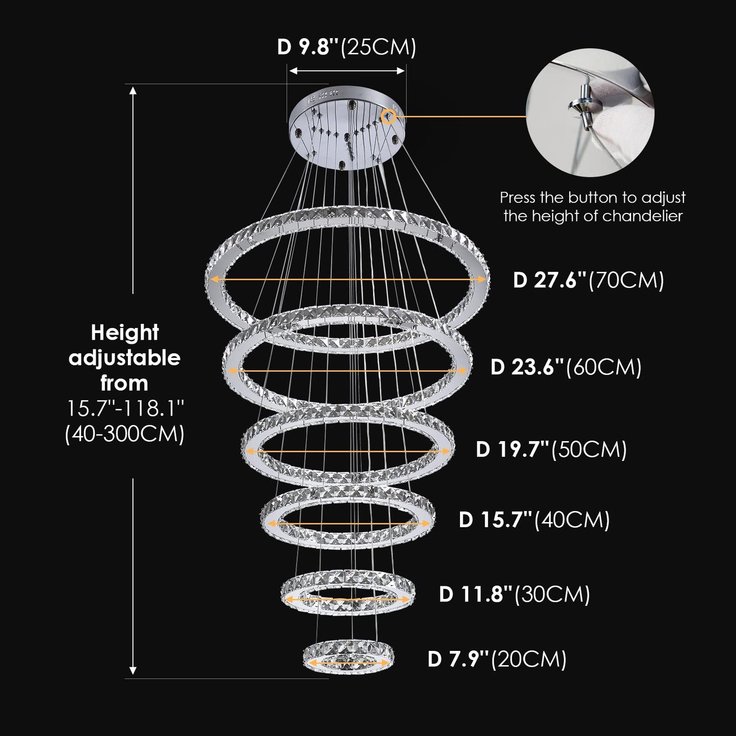 Modern Indoor Adjustable 6 Rings LED Crystal Chandeliers