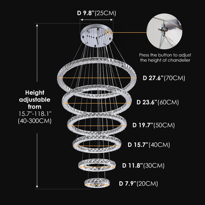 Modern Indoor Adjustable 6 Rings LED Crystal Chandeliers