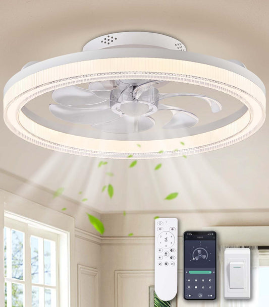 Modern 20 Inch Smart Indoor White Low Profile Flush Mount Fandelier Ceiling Fan with LED Light with Remote Included