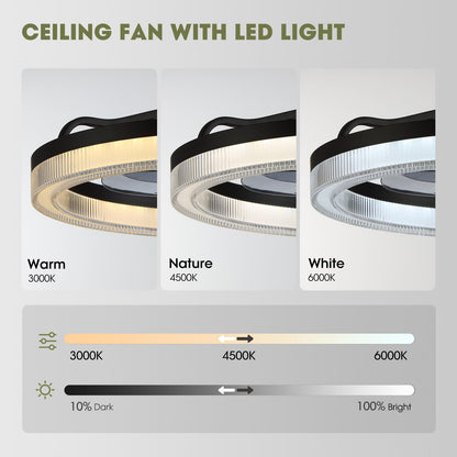 Modern 20 Inch Smart Indoor Black Low Profile Flush Mount Fandelier Ceiling Fan with LED Light with Remote Included