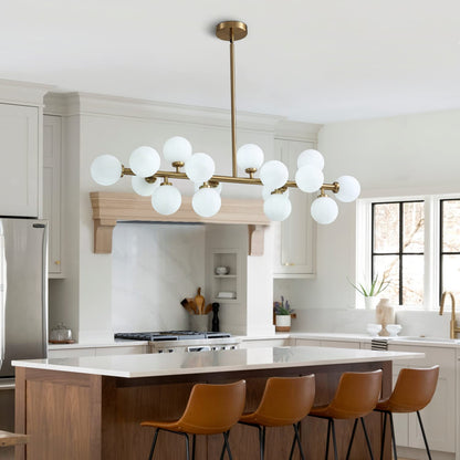 Linear Chandelier Gold Hanging Pendant Light Fixture with Globe Glass Shade Modern for Dining Room Living Room Kitchen Island Over Table 16-Light