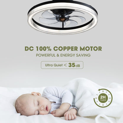 Modern 20 Inch Smart Indoor Black Low Profile Flush Mount Fandelier Ceiling Fan with LED Light with Remote Included