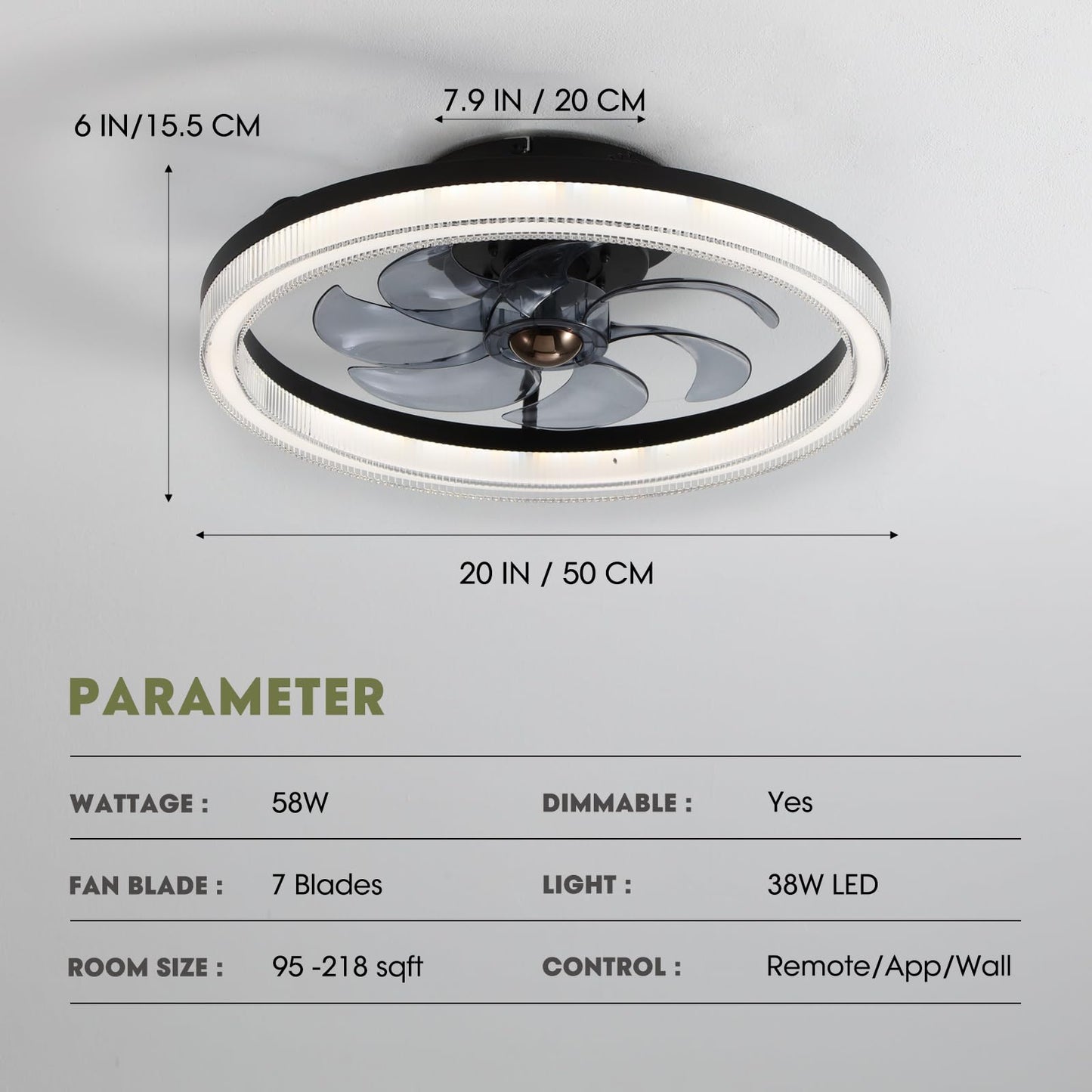 Modern 20 Inch Smart Indoor Black Low Profile Flush Mount Fandelier Ceiling Fan with LED Light with Remote Included
