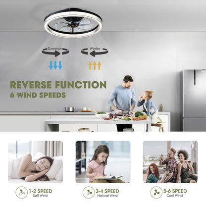 Modern 20 Inch Smart Indoor Black Low Profile Flush Mount Fandelier Ceiling Fan with LED Light with Remote Included