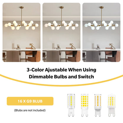 Linear Chandelier Gold Hanging Pendant Light Fixture with Globe Glass Shade Modern for Dining Room Living Room Kitchen Island Over Table 16-Light