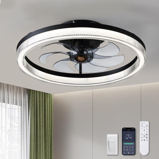 Modern 20 Inch Smart Indoor Black Low Profile Flush Mount Fandelier Ceiling Fan with LED Light with Remote Included