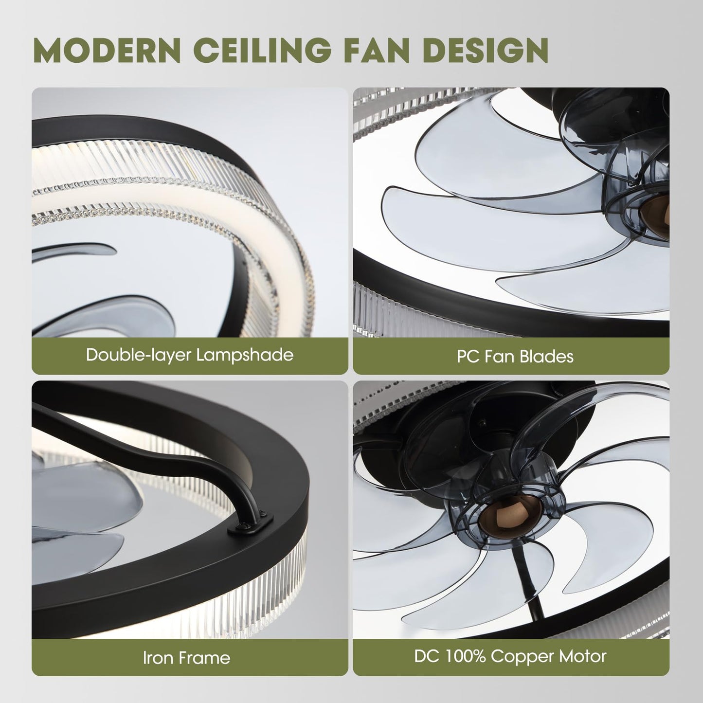 Modern 20 Inch Smart Indoor Black Low Profile Flush Mount Fandelier Ceiling Fan with LED Light with Remote Included