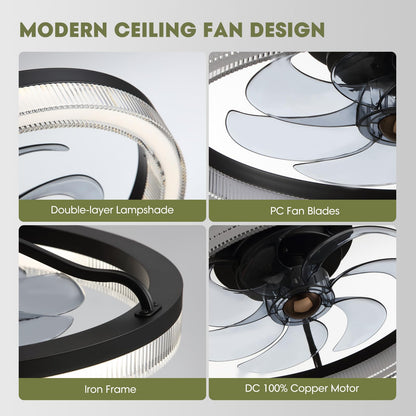 Modern 20 Inch Smart Indoor Black Low Profile Flush Mount Fandelier Ceiling Fan with LED Light with Remote Included