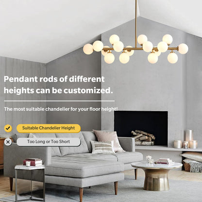 Linear Chandelier Gold Hanging Pendant Light Fixture with Globe Glass Shade Modern for Dining Room Living Room Kitchen Island Over Table 16-Light