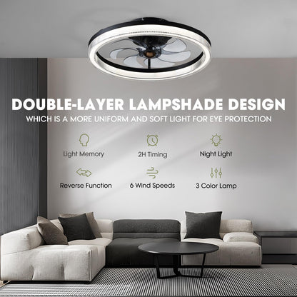 Modern 20 Inch Smart Indoor Black Low Profile Flush Mount Fandelier Ceiling Fan with LED Light with Remote Included