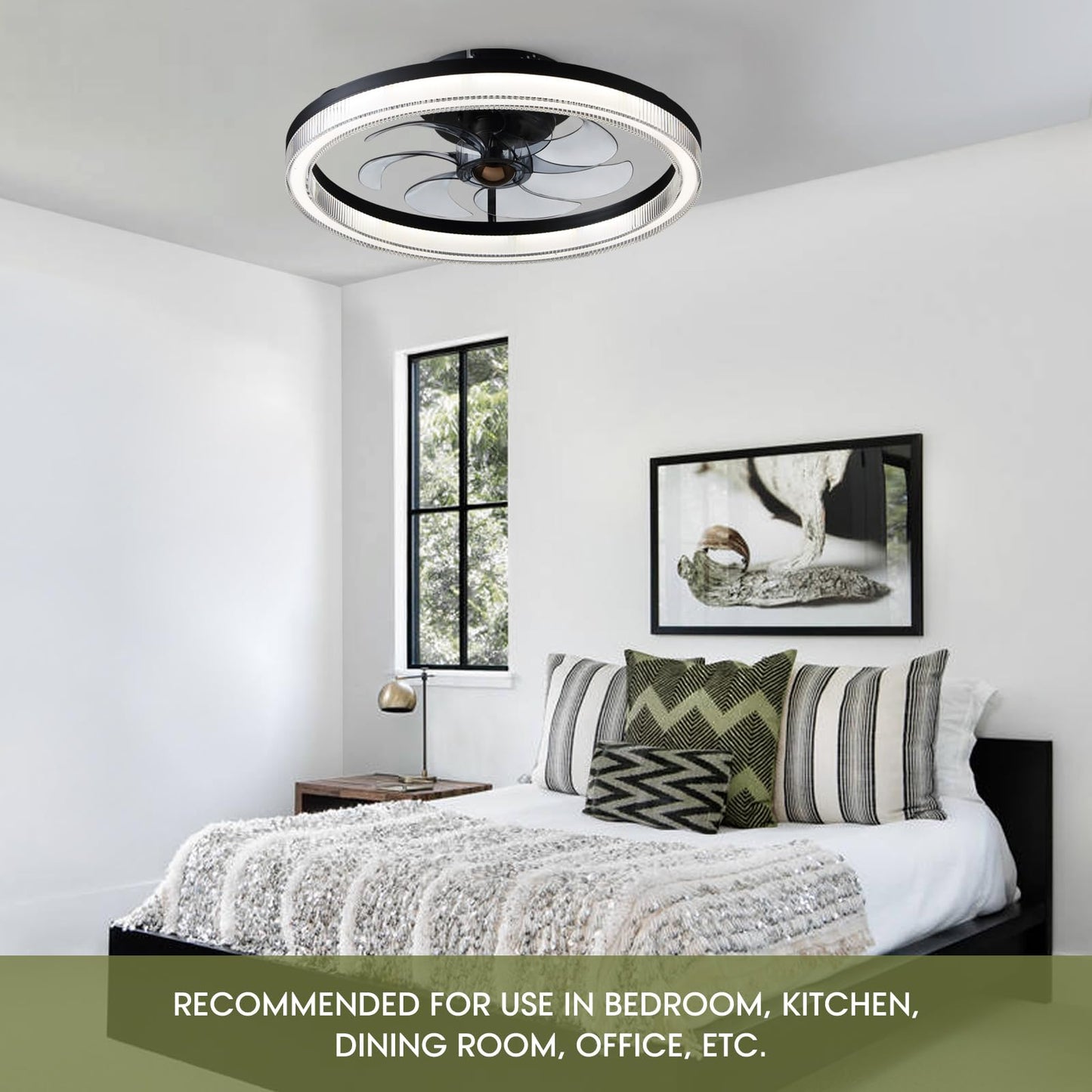 Modern 20 Inch Smart Indoor Black Low Profile Flush Mount Fandelier Ceiling Fan with LED Light with Remote Included