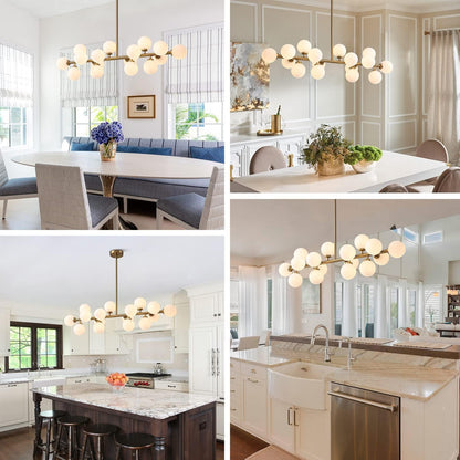 Linear Chandelier Gold Hanging Pendant Light Fixture with Globe Glass Shade Modern for Dining Room Living Room Kitchen Island Over Table 16-Light