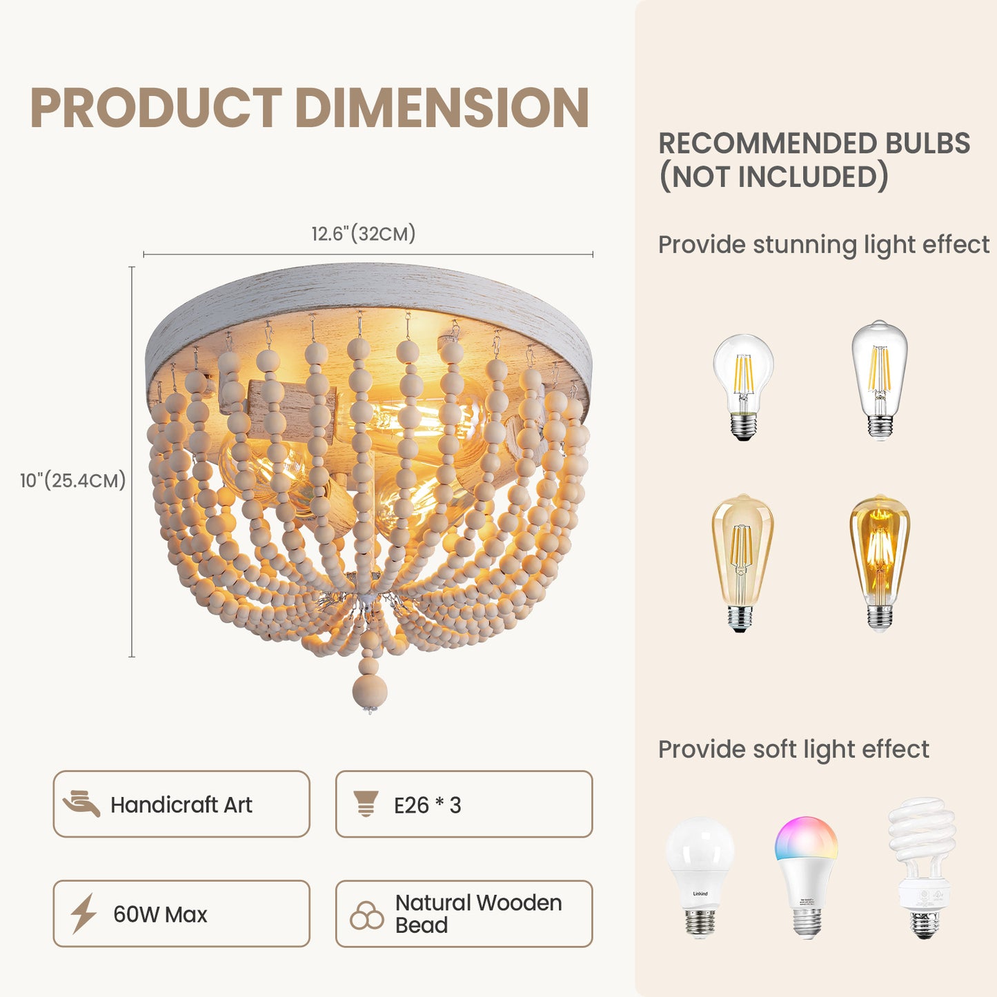 12.6 in. Modern 3 Lights Boho Flush Mount Ceiling Lights Fixture